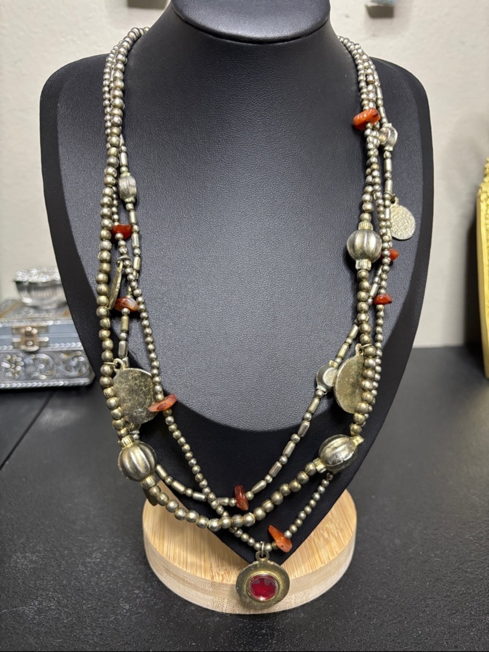 Vintage Silver Tone Beaded Layered Coin Southwestern Necklace Stone